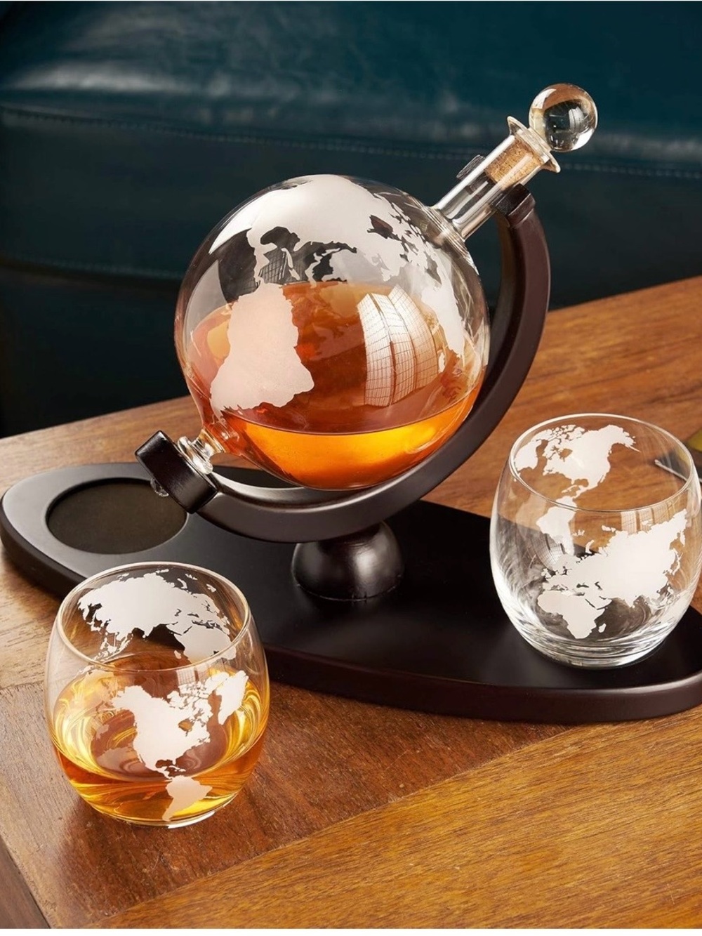 Globe Glass Decanter Set with Two Etched Tumblers - Black Base